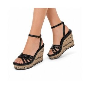 Vince Camuto Espadrille Wedge Sandals Women 7M Black Leather Strappy Platform